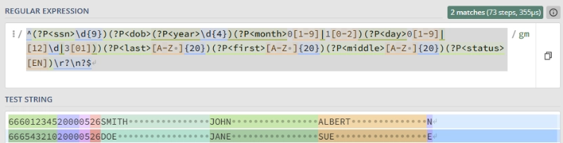 Screenshot of Regex101 showing fixed width validation example