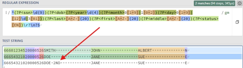 Screenshot of Regex101 showing fixed width validation example with error
