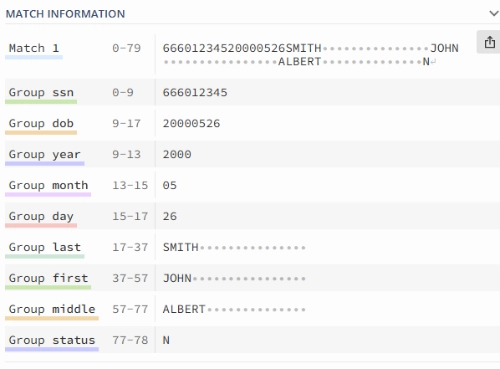 Screenshot of Regex101 showing matched capture groups in a fixed-width record